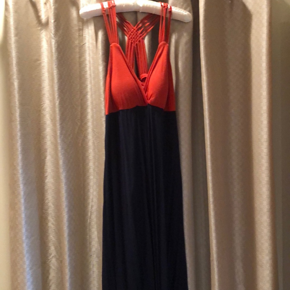 Cute maxi dress (long). Orange, navy and cream color. Multi spaghetti strap
